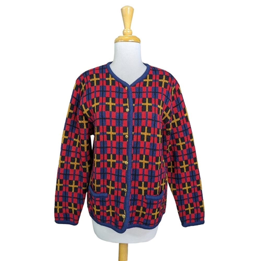 Vintage Crystal Kobe Cardigan Medium Red Blue Boxy Nordic Gold Buttons Pockets - Picture 13 of 14